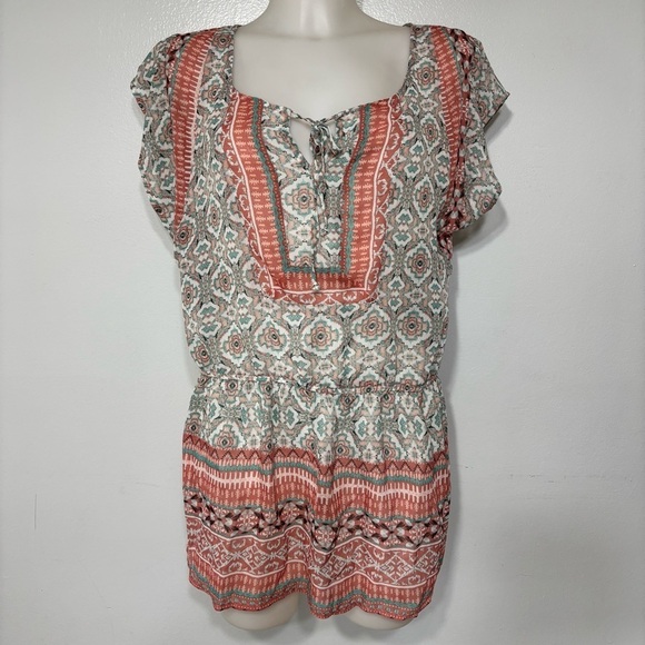 Maurices Boho Coral/Aqua Short Sleeve Sheer Blouse Size L - Picture 1 of 6